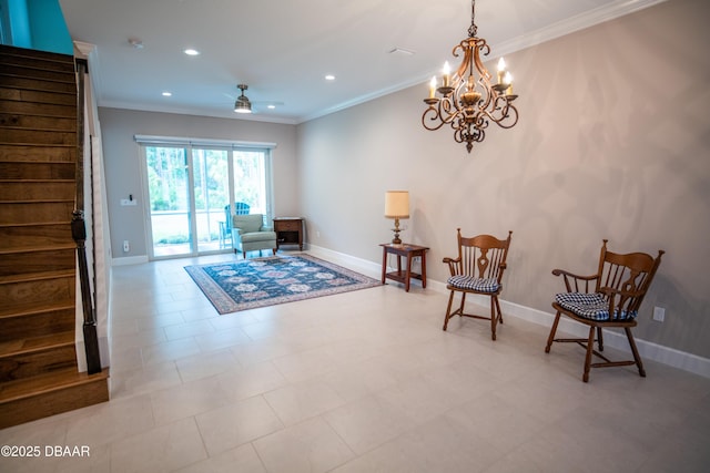 76 Longridge Ln, Ormond Beach, FL 32174 - sitting room featuring stairway, a chandelier, recessed lighting, ornamental molding, and a ceiling fan