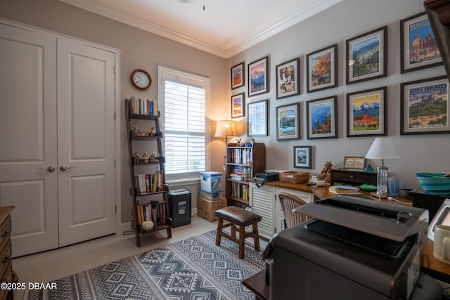 office featuring ornamental molding and tile patterned flooring