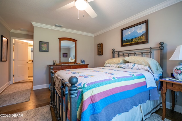 bedroom with dark wood-type flooring, ceiling fan, and crown molding