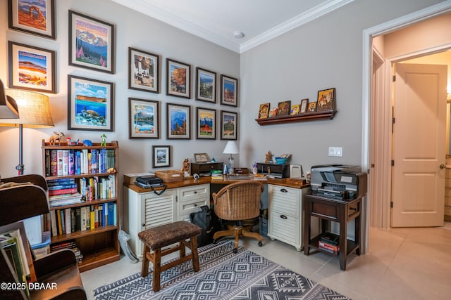 tiled home office with ornamental molding