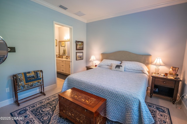 bedroom featuring connected bathroom and ornamental molding