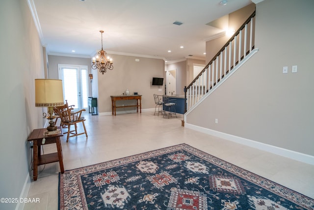 76 Longridge Ln, Ormond Beach, FL 32174 - entrance foyer featuring crown molding, a chandelier, recessed lighting, stairs, and baseboards