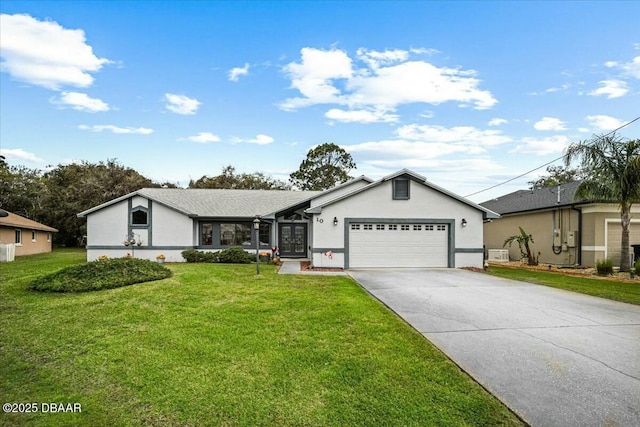 view of front facade featuring a front lawn, concrete driveway, an attached garage, and stucco siding