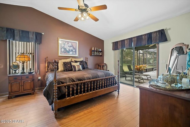 bedroom with access to exterior, vaulted ceiling, light wood-style flooring, and ceiling fan