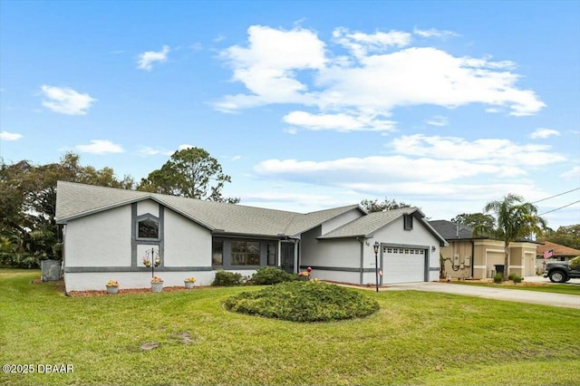 view of front of property featuring an attached garage, a front lawn, concrete driveway, and stucco siding