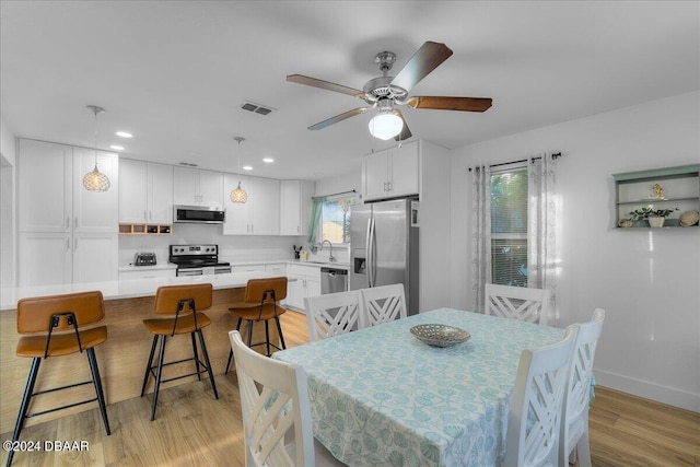 4772 S Atlantic Ave, Ponce Inlet, FL 32127 - dining space with ceiling fan, plenty of natural light, sink, and light wood-type flooring