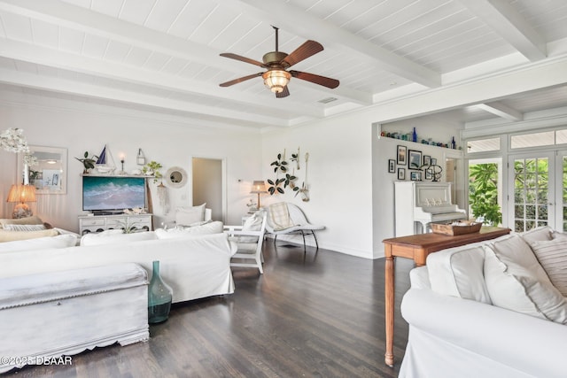 living room with baseboards, wood ceiling, ceiling fan, dark wood-type flooring, and beamed ceiling