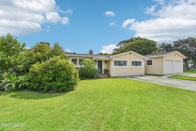 single story home featuring a garage, a front lawn, and stucco siding