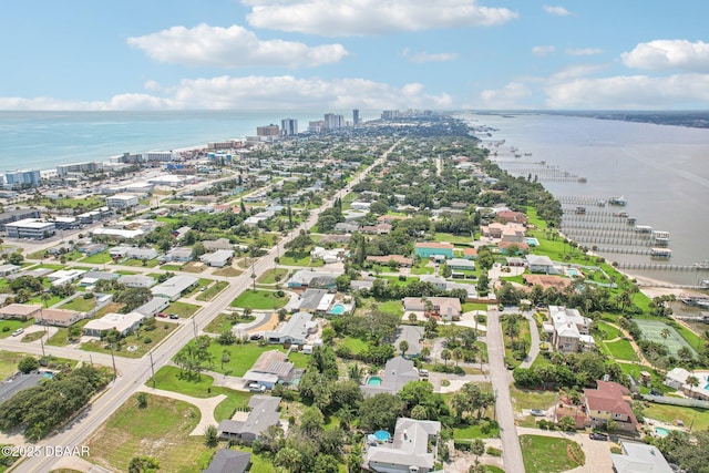 drone / aerial view with a water view and a city view