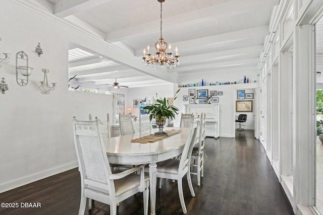 dining space featuring dark wood-style floors, plenty of natural light, beamed ceiling, and baseboards