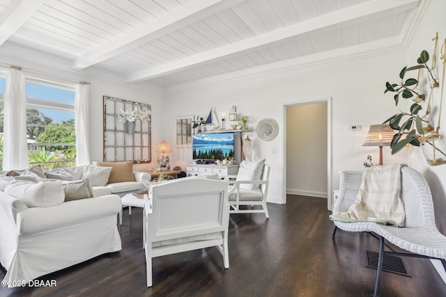 living room with dark wood-type flooring, wood ceiling, beam ceiling, and visible vents