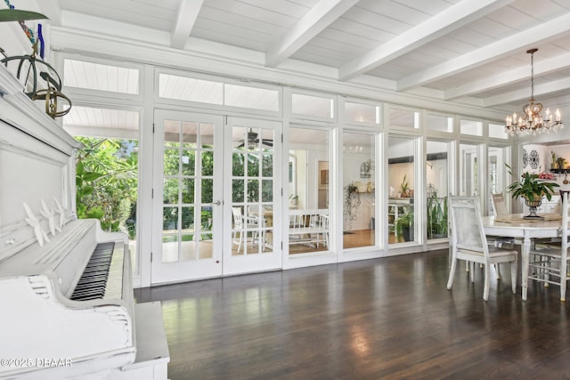 sunroom / solarium featuring wooden ceiling, a chandelier, and beamed ceiling