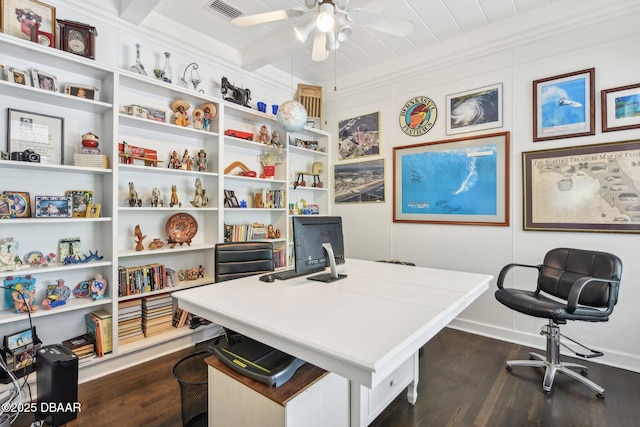 office space with a ceiling fan, visible vents, and dark wood-style flooring