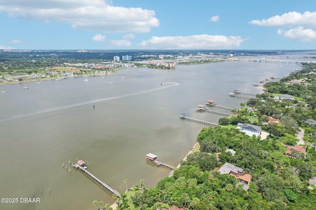 drone / aerial view featuring a water view