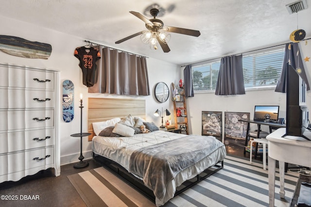 bedroom with visible vents and a ceiling fan