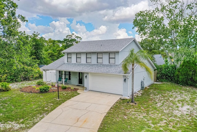 1197 Southfork Ct, Port Orange, FL 32129 - view of front facade featuring a shingled roof, a garage, a front lawn, a porch, and driveway