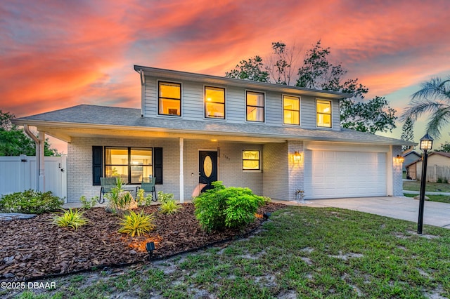 1197 Southfork Ct, Port Orange, FL 32129 - view of front of property with a porch, brick siding, driveway, an attached garage, and roof with shingles