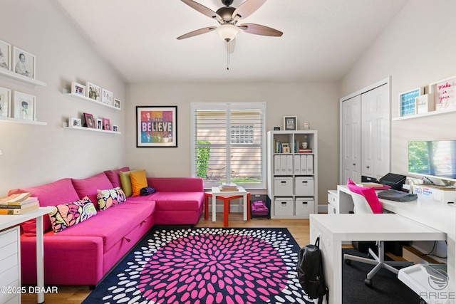 3349 Glenshane Way, Ormond Beach, FL 32174 - living room with a desk, ceiling fan, and wood finished floors