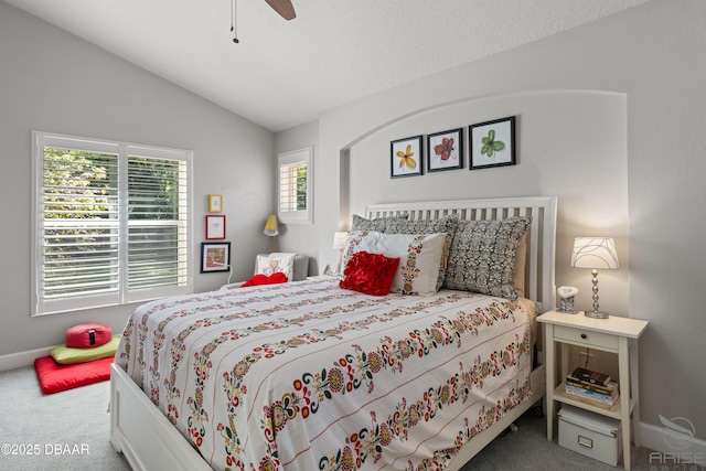3349 Glenshane Way, Ormond Beach, FL 32174 - bedroom with carpet flooring, lofted ceiling, baseboards, and a ceiling fan