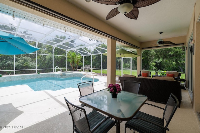 1491 Hohe Ln, Ormond Beach, FL 32174 - outdoor pool with a ceiling fan, a patio, an outdoor hangout area, glass enclosure, and outdoor dining space