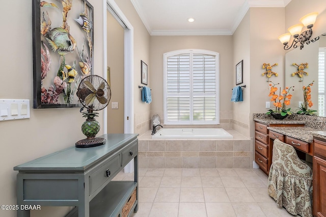 1491 Hohe Ln, Ormond Beach, FL 32174 - full bathroom with a bath, healthy amount of natural light, tile patterned floors, crown molding, and vanity