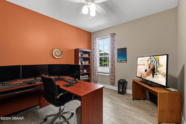 office area featuring ceiling fan and light hardwood / wood-style floors