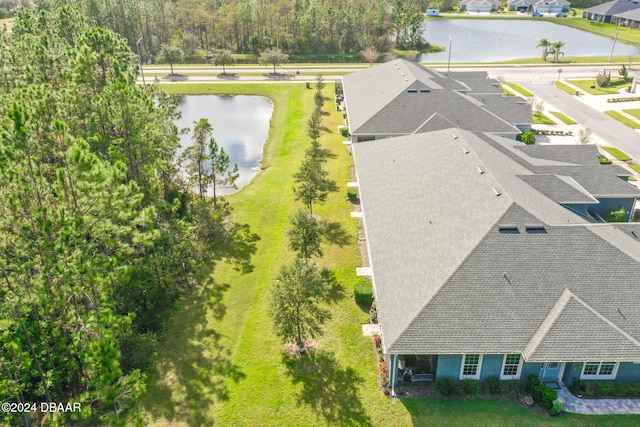 drone / aerial view featuring a water view