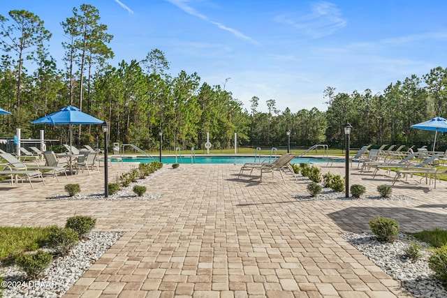 view of swimming pool featuring a patio