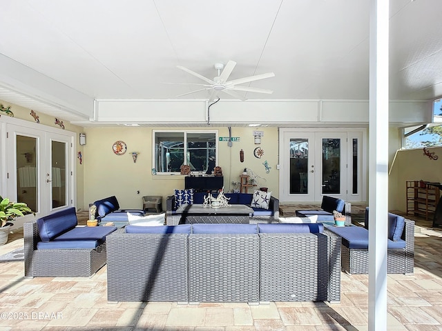 view of patio with ceiling fan, french doors, and outdoor lounge area