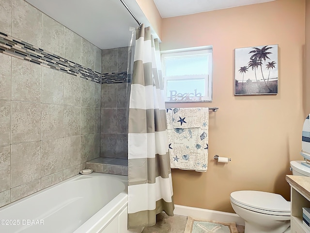 full bathroom featuring toilet, vanity, and shower / bathtub combination with curtain