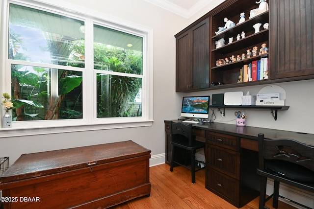 office space featuring built in desk, light hardwood / wood-style floors, and crown molding