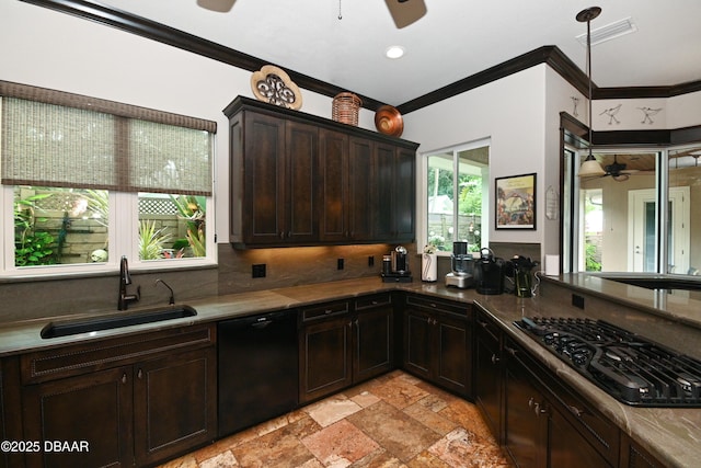 kitchen with sink, ornamental molding, decorative backsplash, dark brown cabinets, and black appliances