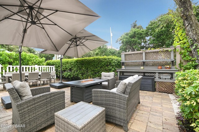 view of patio / terrace with an outdoor living space with a fire pit