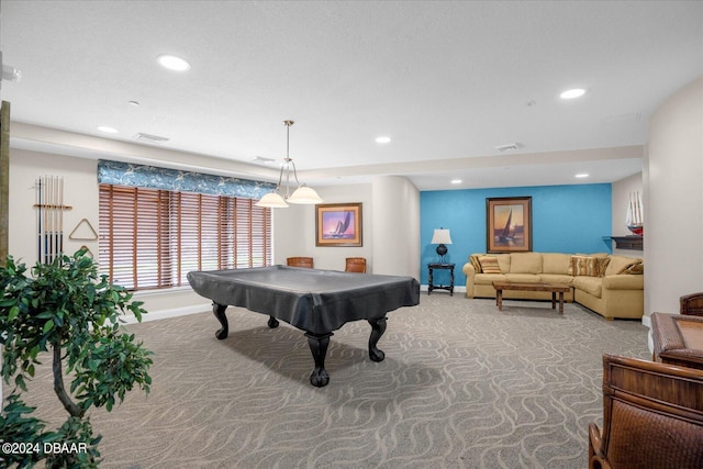 game room with billiards and light colored carpet