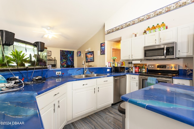 kitchen featuring hardwood / wood-style floors, white cabinets, sink, vaulted ceiling, and appliances with stainless steel finishes