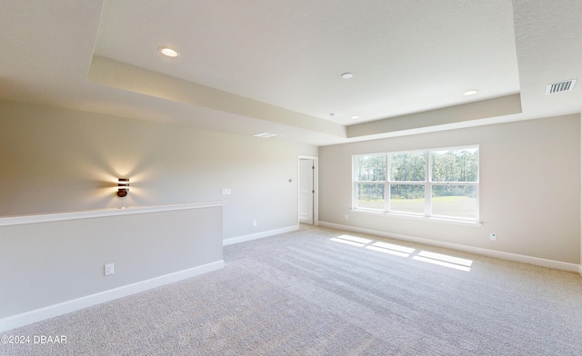 unfurnished room featuring light colored carpet and a raised ceiling