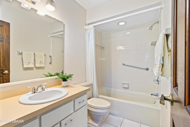 full bathroom with vanity, tile patterned flooring, toilet, shower / bathtub combination with curtain, and a textured ceiling