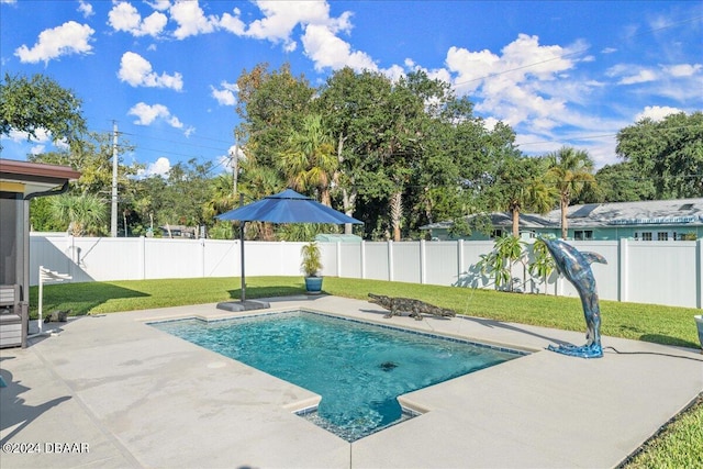 view of swimming pool featuring a lawn and a patio area