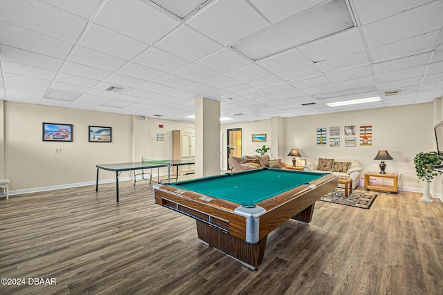 rec room featuring hardwood / wood-style flooring, a drop ceiling, and pool table