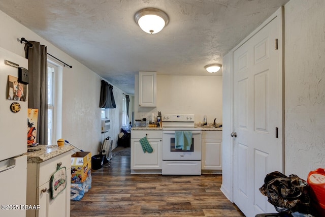 421 N Peninsula Dr, Daytona Beach, FL 32118 - kitchen with white appliances, dark wood-style floors, white cabinets, a sink, and light stone countertops
