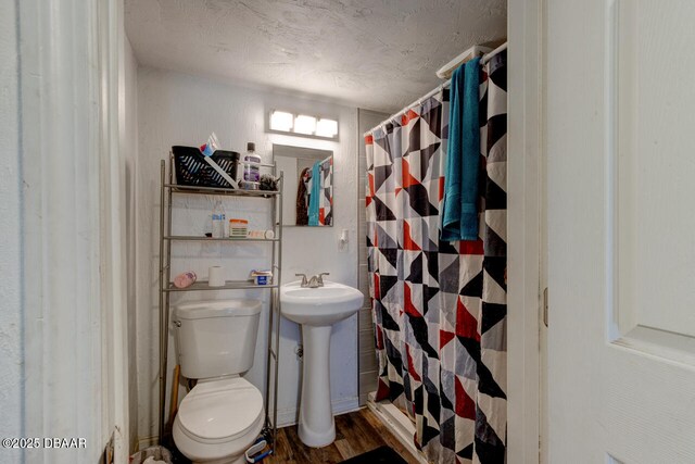 421 N Peninsula Dr, Daytona Beach, FL 32118 - bathroom featuring toilet, curtained shower, a sink, and wood finished floors