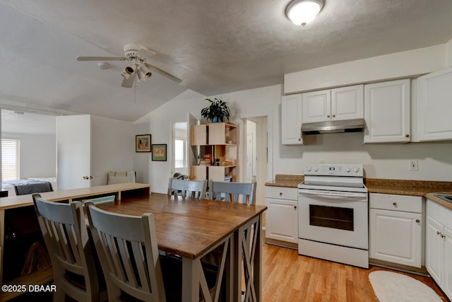 421 N Peninsula Dr, Daytona Beach, FL 32118 - kitchen featuring white electric range oven, ceiling fan, white cabinets, under cabinet range hood, and light wood finished floors