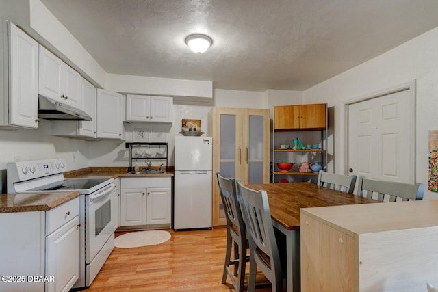 421 N Peninsula Dr, Daytona Beach, FL 32118 - kitchen featuring white appliances, a sink, under cabinet range hood, light wood-style floors, and white cabinets