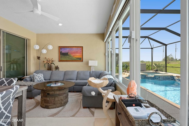 living room featuring ceiling fan