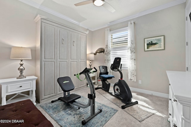 exercise room with light carpet, crown molding, and ceiling fan