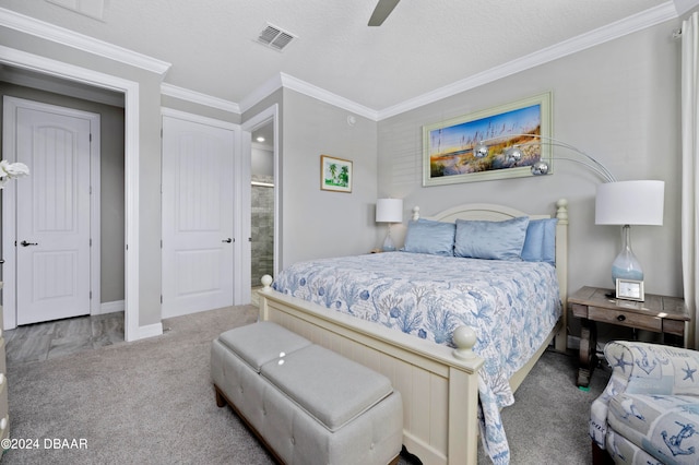 carpeted bedroom with connected bathroom, ceiling fan, crown molding, and a textured ceiling