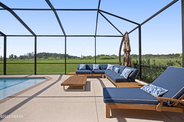 view of patio / terrace featuring a rural view and an outdoor hangout area