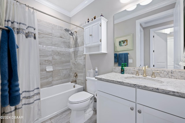 full bathroom with crown molding, vanity, shower / bath combination with curtain, and toilet