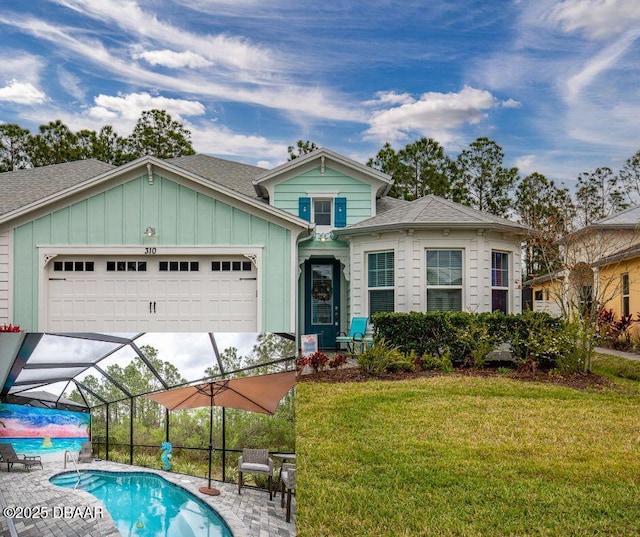 view of front of home featuring an attached garage, a lanai, board and batten siding, and a front yard