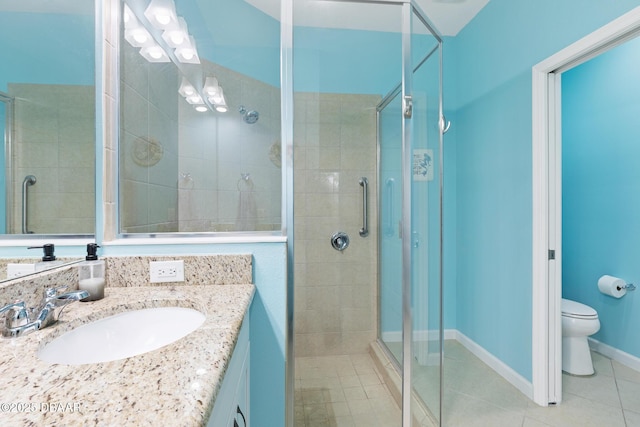 310 Coral Reef Way, Daytona Beach, FL 32124 - bathroom with tile patterned flooring, toilet, vanity, baseboards, and a shower stall